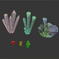 Vibrant Crystal Clusters And Small Mushroom Figurines On Reflective Black Surface