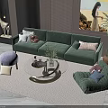 Modern Living Room With Green Sofa Round Coffee Table Armchair Throw Pillows And Floor Plant
