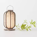 Japanese Style Table Lamp With Beige Shade Bamboo Branch Pattern And Green Leaves