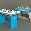Modern Display Shelves With Blue Silver Design And Brand Logos For Electronic Devices