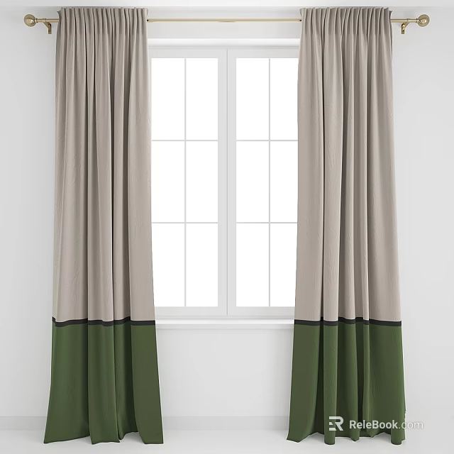 Gray and Green Two Tone Long Curtains Hanging By White Window For Home Decor 3d model 