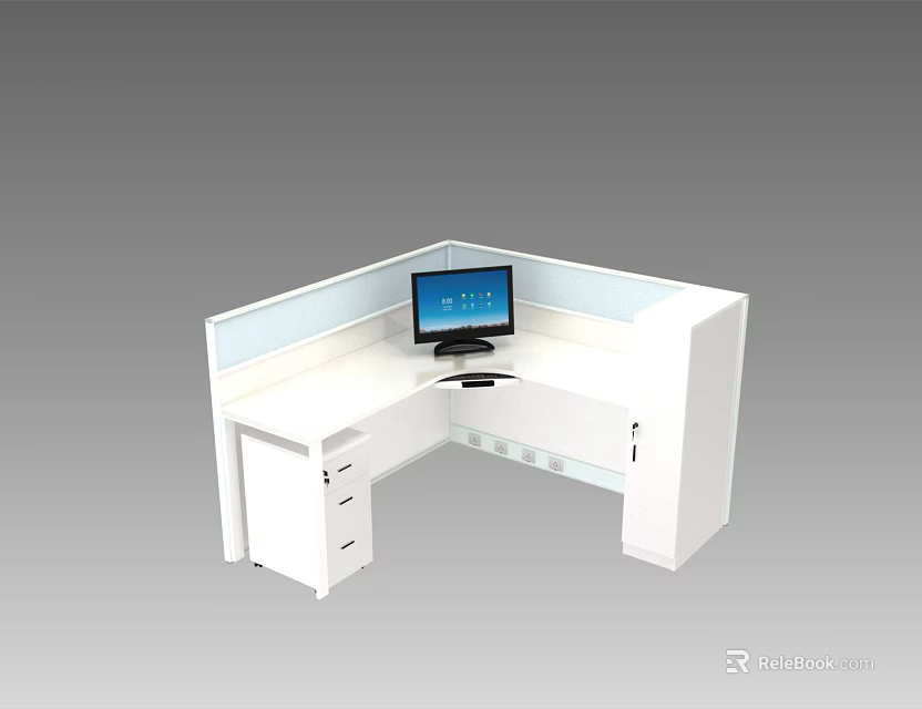 White L Shaped Office Desk With Computer Monitor Partition Panel And Storage Drawers 3d model 