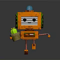 Cartoon Orange Robot Character With Blue Top Holding Green Bottle And Striped Legs