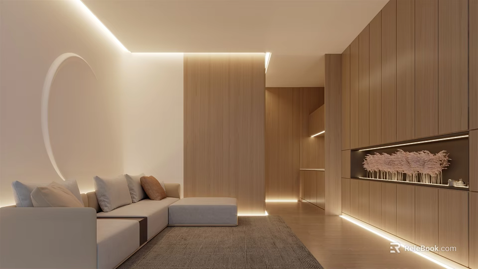 Modern Office Interior With Wooden Paneling Sofa Ambient Lighting And Storage Cabinets 3d model 
