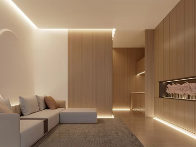 Modern Office Interior With Wooden Paneling Sofa Ambient Lighting And Storage Cabinets 3d model