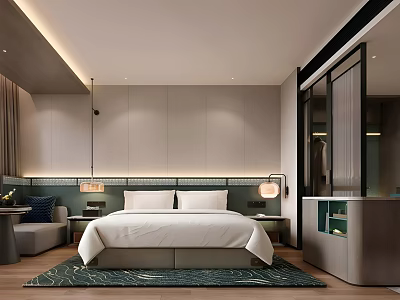 Modern Hotel Room With King Bed Green Rug Cozy Lighting And Minimalist Design 3d model