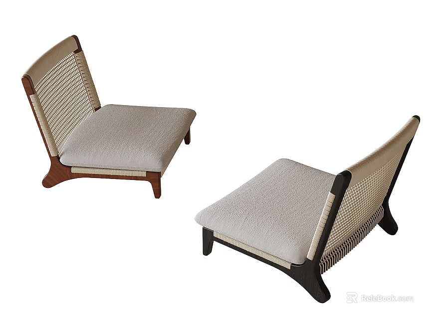 Modern Leisure Chairs With Wooden Frame Woven Backrest And Light Gray Padded Seat 3d model 