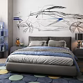 Modern Kids Room Interior With Car Sketch Mural Bed And Colorful Round Rugs
