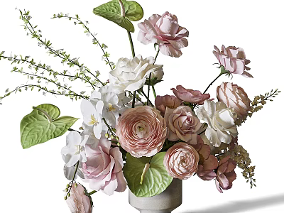 Elegant Flower Arrangement With Pink White Roses Ranunculus And Green Leaves In White Vase 3d model