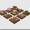 Whole Pig and Whole Chicken Displayed on Wooden Trays with Fresh Vegetables and Bread