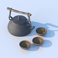 Household Kitchen Black Cast Iron Teapot With Wooden Handle And Three Ceramic Bowls
