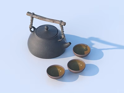 Household Kitchen Black Cast Iron Teapot With Wooden Handle And Three Ceramic Bowls 3d model