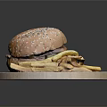 Juicy Beef Burger With Sesame Seed Bun And Crispy Fries On Wooden Plate