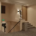 Hotel Corridor Interior With Beige Walls Gray Carpet Decorative Paintings Wall Sconces And Room Numbers