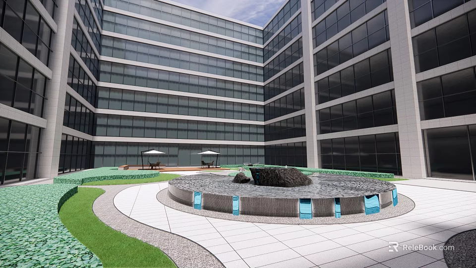 Modern Building Roof Garden With Circular Fountain Green Lawn And Seating Area 3d model 