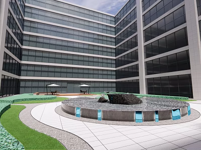 Modern Building Roof Garden With Circular Fountain Green Lawn And Seating Area 3d model