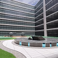 Modern Building Roof Garden With Circular Fountain Green Lawn And Seating Area
