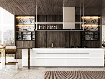 Modern Kitchen With Wooden Ceiling White Cabinets Island And Stainless Steel Appliances 3d model