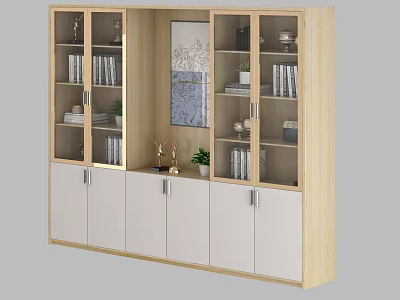 Modern Office Wooden Storage Cabinet With Glass Doors Books Decorations Trophy 3d model
