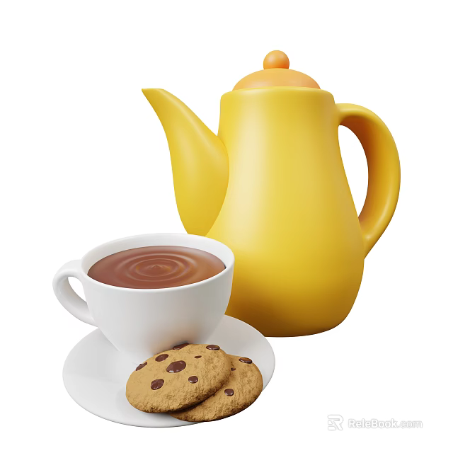 Modern Tableware Set Including Yellow Teapot White Teacup Saucer and Chocolate Cookies 3d model 