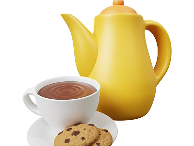 Modern Tableware Set Including Yellow Teapot White Teacup Saucer and Chocolate Cookies 3d model