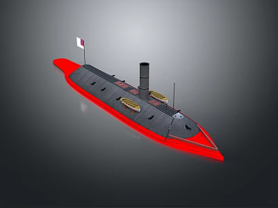 Detailed Black And Red Submarine Model With Chimney Yellow Deck Elements And Small Flag 3d model