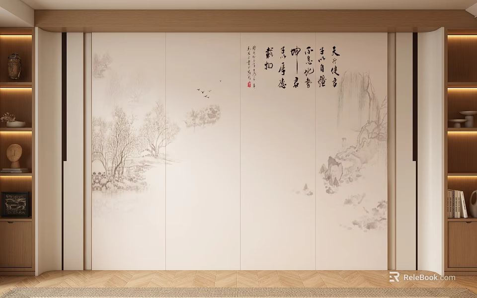 Elegant Chinese Traditional Background Wall With Landscape Calligraphy Soft Tones And Wooden Frame 3d model 