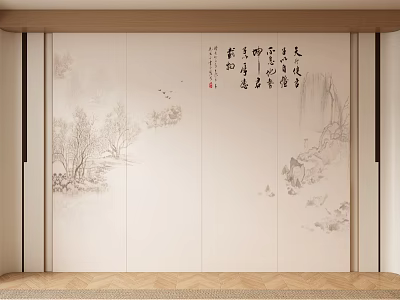 Elegant Chinese Traditional Background Wall With Landscape Calligraphy Soft Tones And Wooden Frame 3d model