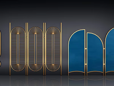 Elegant Gold Frame Room Dividers With Blue Panels And Arched Geometric Design 3d model