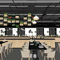 Modern Restaurant Interior With Wooden Tables Chairs Hanging Lights And Green Plants
