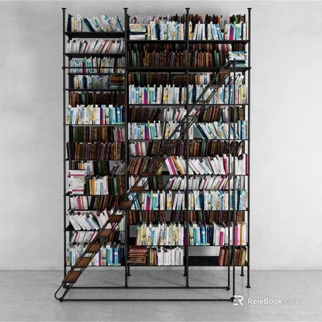 Tall Modern Bookshelf With Multiple Shelves Filled With Colorful And Various Sized Books And Ladder 3d model 