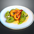 Fresh Green Dumplings with Juicy Shrimp on White Plate and Vegetable Garnish