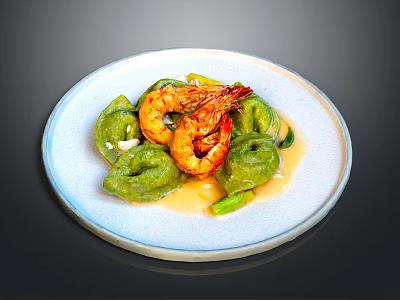 Fresh Green Dumplings with Juicy Shrimp on White Plate and Vegetable Garnish 3d model