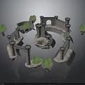 Medieval Castle Scene Components With Stone Towers Arched Gateways And Green Plants