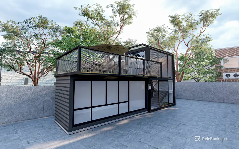 Modern Container Station Structure Featuring Two Story Design Glass Windows And Trees 3d model