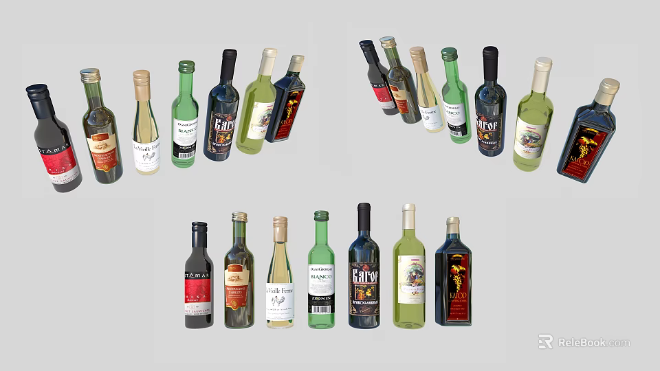Various Wine Bottles And Glasses With Different Labels And Colorful Designs 3d model 