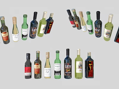 Various Wine Bottles And Glasses With Different Labels And Colorful Designs 3d model