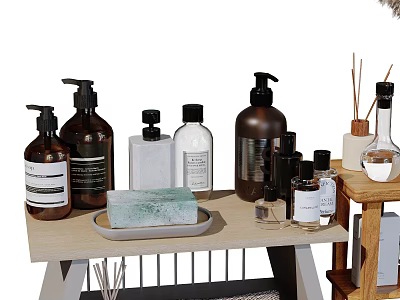 Natural Bathroom Set With Various Bottles Green Soap And Fragrance Sticks On Wooden Shelf 3d model