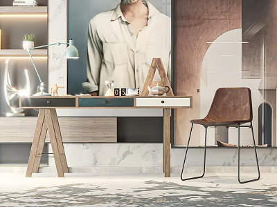 Modern Study Room Interior With Wooden Desk Brown Chair Light Blue Lamp And Wall Shelves 3d model