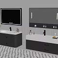 Modern Bathroom Interior With Double Vanities Black Cabinets White Countertops Mirrors And Potted Plant
