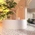 Elegant Beauty Hair Salon Interior Design With Reception Desk Green Chairs And Decorative Plants