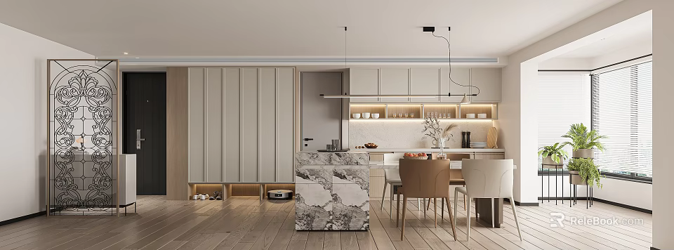 Modern Dining and Living Room Interior With Marble Island Counter Dining Table Chairs and Lighting 3d model 
