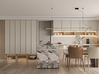Modern Dining and Living Room Interior With Marble Island Counter Dining Table Chairs and Lighting 3d model