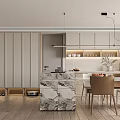 Modern Dining and Living Room Interior With Marble Island Counter Dining Table Chairs and Lighting