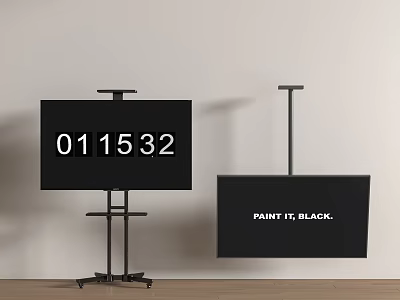 Two Black TVs on Stands Showing Digital Numbers and Paint It Black Text Against White Wall 3d model