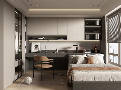 Modern Tatami Bedroom Interior With Desk Chair Bookshelf Storage And Window Blinds 3d model