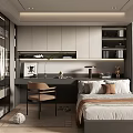 Modern Tatami Bedroom Interior With Desk Chair Bookshelf Storage And Window Blinds