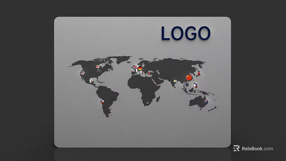 Modern Display Island Featuring LOGO World Map And Multiple Global Markers 3d model 