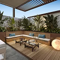 Villa Balcony Open Design With White Long Table Chairs Green Plants And Shade Structure