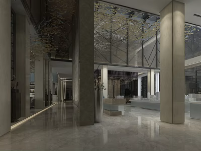 Modern Sales Office Interior Design With Marble Floor Glass Walls Decorative Columns And Ceiling Details 3d model